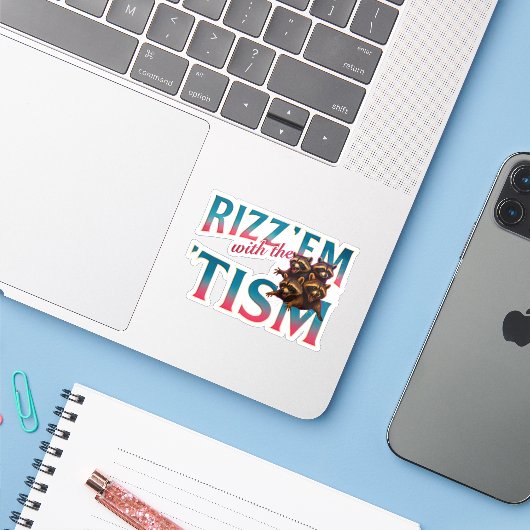 Rizz Em With The Tism Meme Autisme Grappige Wasbee Sticker (Laptop met iPhone)