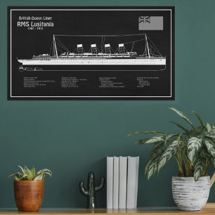 RMS Lusitania - scheepsblauwdrukplannen PBD Foto Afdruk