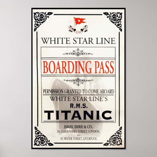 RMS Titanic White Star Line Boarding Pass Poster (Voorkant)