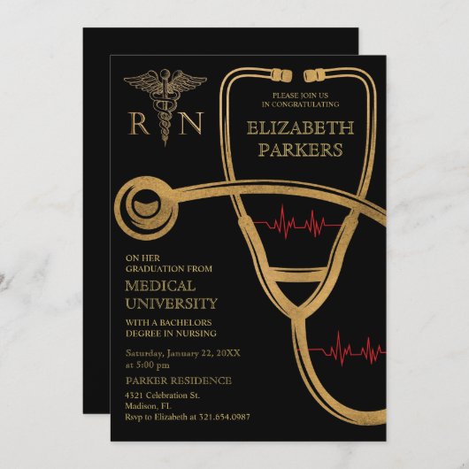 RN BSN Zwart Goud Verpleegkundig Afstudeerfeest Kaart (Voorkant / Achterkant)