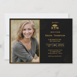 RN Graduation Party Photo Black Gold Kaart