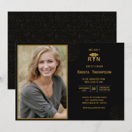 RN Graduation Party Photo Black Gold Kaart