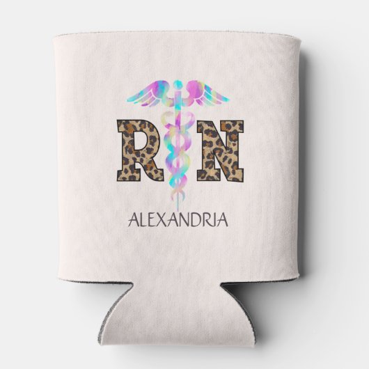 "RN" in Leopard Print- Kleurrijke Medische Logo Blikjeskoeler (Achterkant)