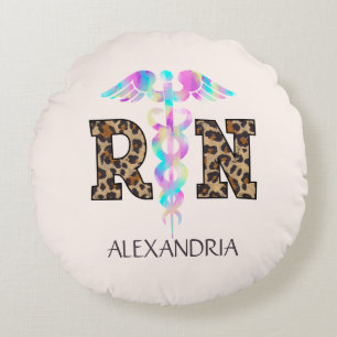 "RN" in Leopard Print- Kleurrijke Medische Logo Rond Kussen