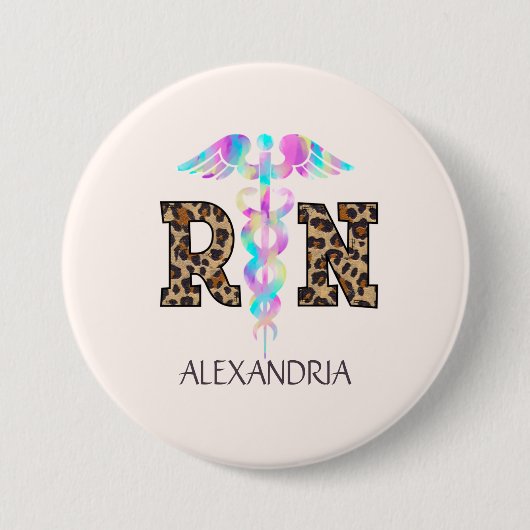 "RN" in Leopard Print- Kleurrijke Medische Logo Ronde Button 7,6 Cm (Voorkant)