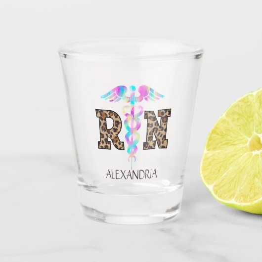 "RN" in Leopard Print- Kleurrijke Medische Logo Shot Glas (Voorkant)