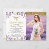 RN Nursing Afstuderen Gold Paars Floral Foto Kaart (Voorkant)