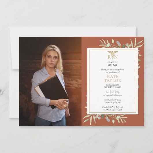 RN Nursing Afstuderen Terracotta Foliage Photo Inv Kaart (Voorkant)