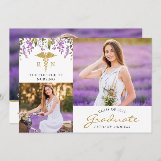 RN Nursing Floral Afstuderen 3 Fotoaankondiging Kaart (Voorkant / Achterkant)