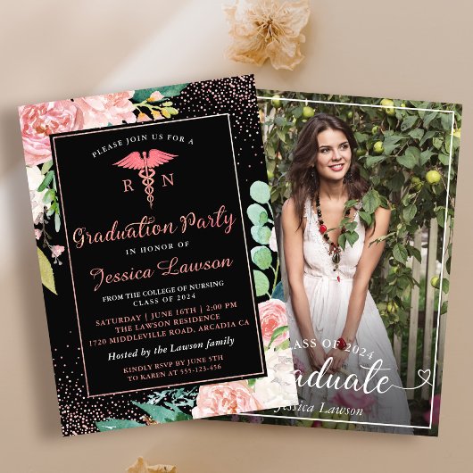 RN Nursing Graduation Party Roos Gold Floral foto Kaart