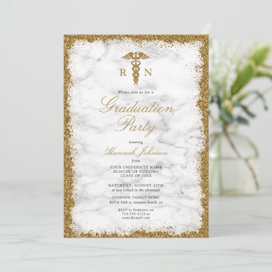 RN Nursing School Gold Marble Photo Afstuderen Kaart (Staand voorkant)