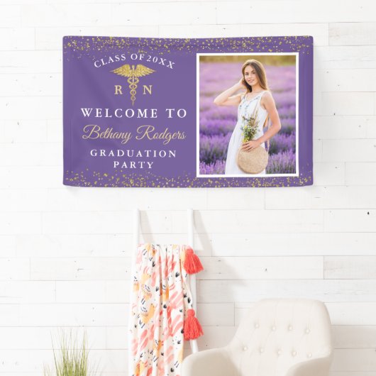 RN Nurzing Afstuderen Paars Gold Glitter Foto Spandoek (Insitu)