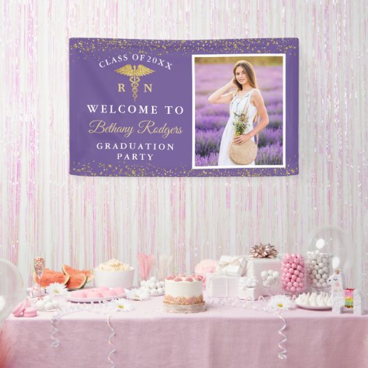 RN Nurzing Afstuderen Paars Gold Glitter Foto Spandoek (Feest)