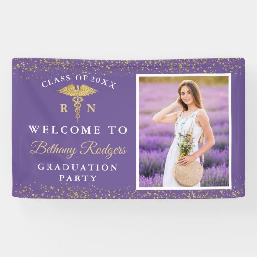 RN Nurzing Afstuderen Paars Gold Glitter Foto Spandoek (Horizontaal)