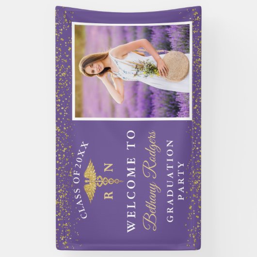 RN Nurzing Afstuderen Paars Gold Glitter Foto Spandoek (Verticaal)