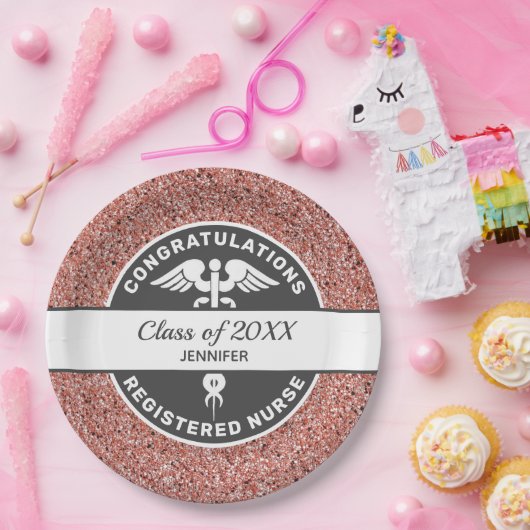 RN Verpleegbaar Afstuderen Roos Gold Glitter Geper Papieren Bordje (Feest)