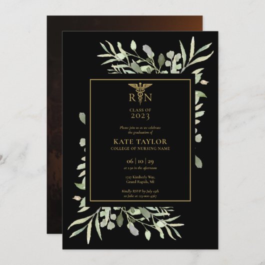 RN Verpleegkunde Afstudeerfoto Foliage Zwart en Go Kaart (Voorkant / Achterkant)