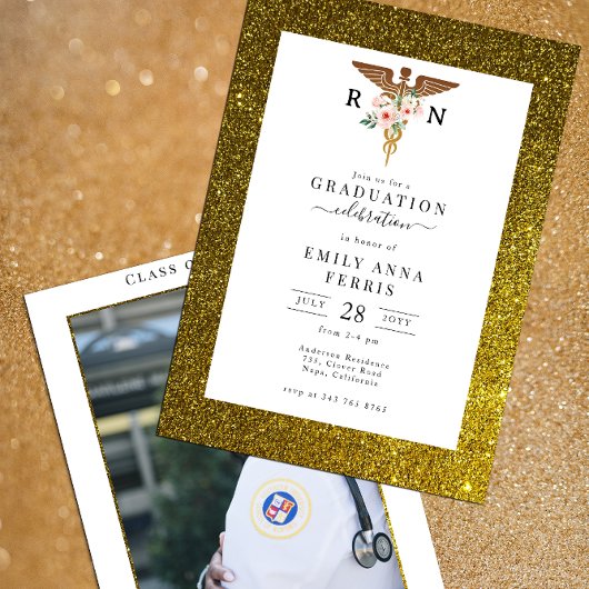 RN Verpleegster Bloemen Foto Afstuderen Uitnodigin Kaart