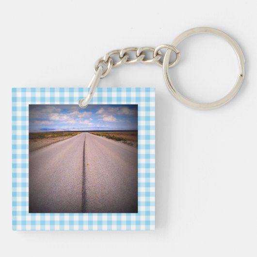 Road Trip Photos Baby Blue Gingham Sleutelhanger (Achterkant)