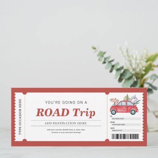 Road Trip Rood Cadeaubon Reis Reisvoucher Kaart (Staand voorkant)