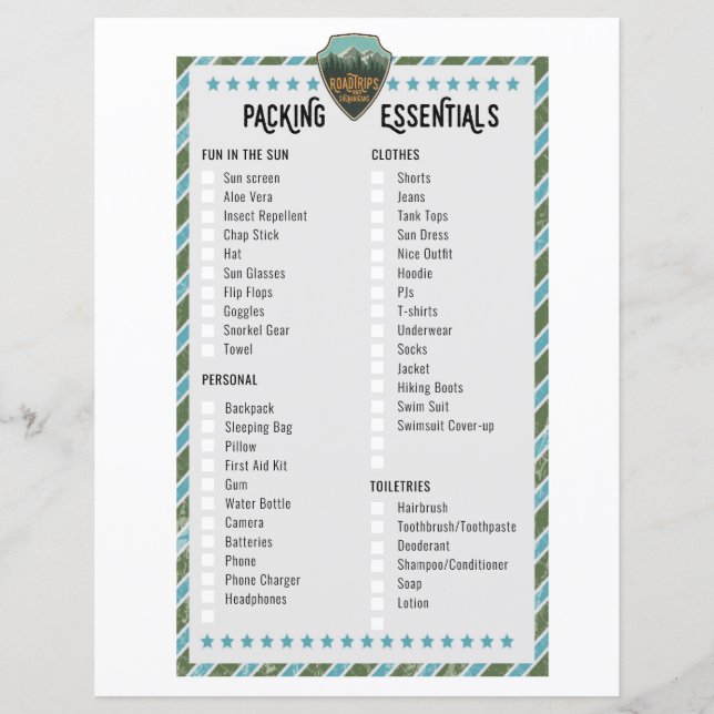 Road Trip Verpakking Essentials Lijst (Voorkant)