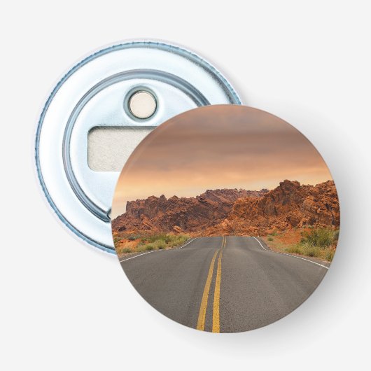 Road trip zonsondergang button flesopener (Voorkant)