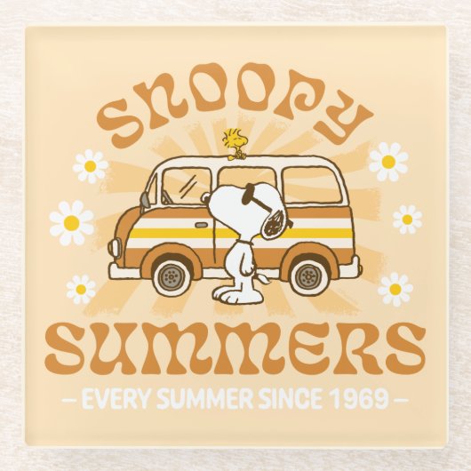 road trippin | Pinda's Snoopy Summers Glazen Onderzetter (Voorkant)