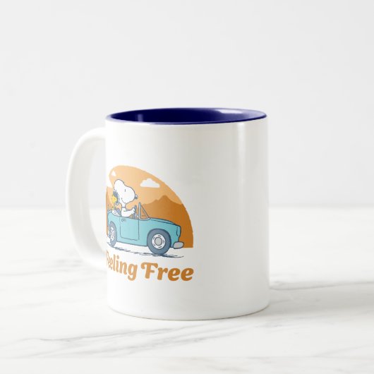 road trippin | Pinda's voelen zich vrij Tweekleurige Koffiemok (Voorkant links)