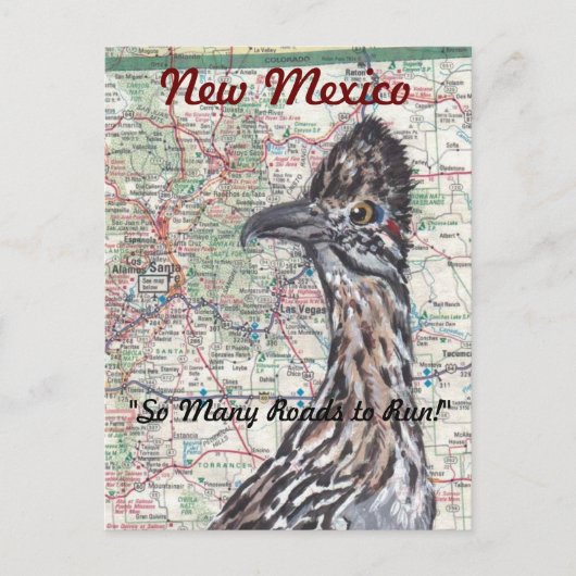 Roadrunner op Map New Mexico Briefkaart - Fun! (Voorkant)