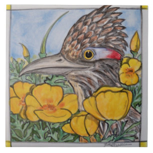 Roadrunner w. California Poppy Wildlife Yellow Art Tegeltje