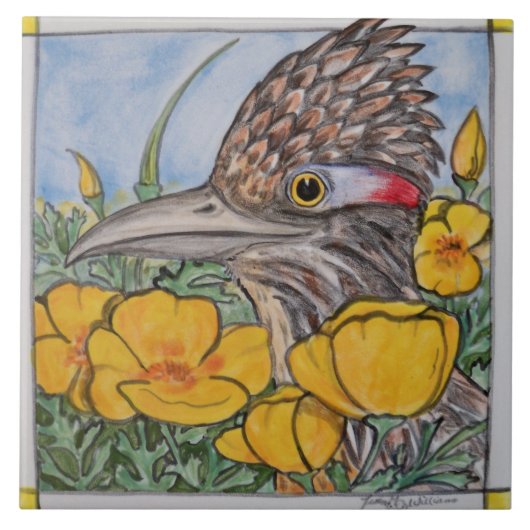 Roadrunner w. California Poppy Wildlife Yellow Art Tegeltje (Voorkant)