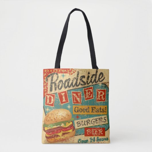  Roadside Diner metal-bord, diner, retro, v Tote Bag (Voorkant)