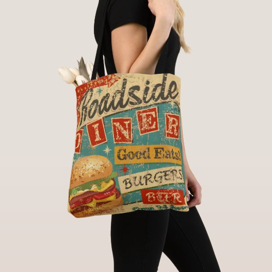  Roadside Diner metal-bord, diner, retro, v Tote Bag (Dichtbij)