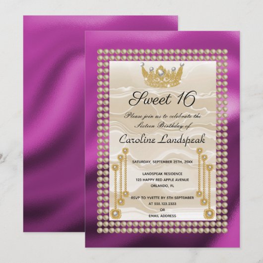 Roam Silk Sweet 16 Pearl Crown Fuchsia Metallic Kaart (Voorkant / Achterkant)