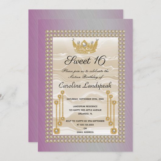 Roam Silk Sweet 16 Pearl Crown Fuchsia Metallic Kaart (Voorkant / Achterkant)