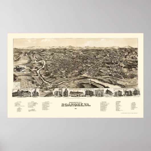 Roanoke, VA Panorama Kaart - 1891 Poster (Voorkant)