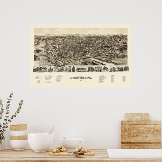 Roanoke, VA Panorama Kaart - 1891 Poster (Keuken)