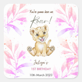Roar 1e verjaardag roze vierkante sticker