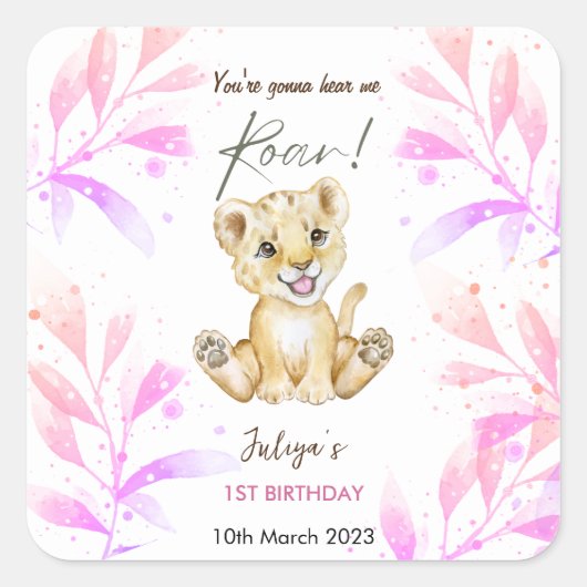 Roar 1e verjaardag roze vierkante sticker (Voorkant)