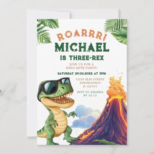 Roar Boy Three-Rex Dinosaur Volcano 3e verjaardag Kaart (Voorkant)