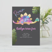 Roar Cute Abstract Pink Dinosaur Invitation Kaart (Staand voorkant)