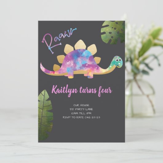 Roar Cute Abstract Pink Dinosaur Invitation Kaart (Staand voorkant)