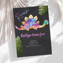 Roar Cute Abstract Pink Dinosaur Invitation