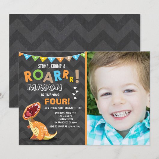 ROAR Dinosaur Dino Birthday Party Invitation Kaart (Voorkant / Achterkant)