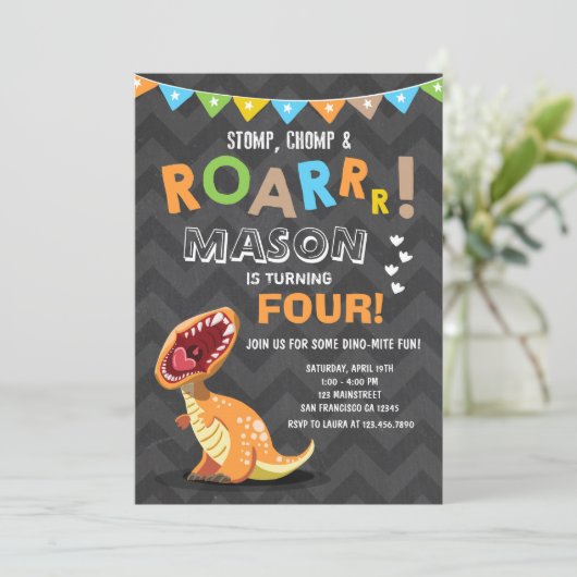 ROAR Dinosaur Dino verjaardagsfeestje uitnodiging (Staand voorkant)