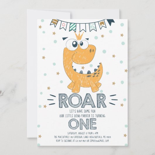 ROAR Dinosaur First Birthday Kaart (Voorkant)
