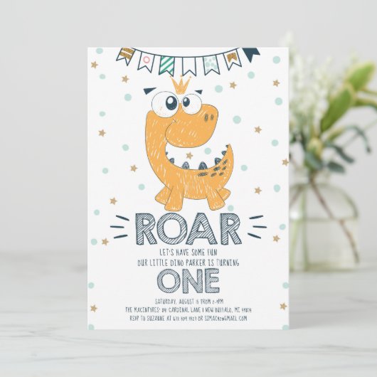 ROAR Dinosaur First Birthday Kaart (Staand voorkant)