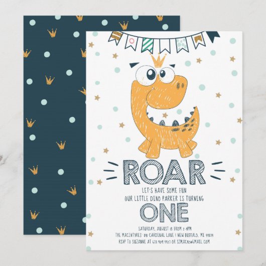 ROAR Dinosaur First Birthday Kaart (Voorkant / Achterkant)