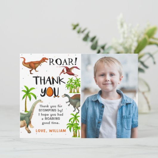 Roar Dinosaur Oerwoud Birthday Foto Dank u wel Bedankkaart (Staand voorkant)