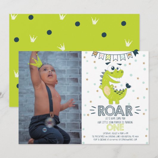 ROAR Dinosaurus Eerste Verjaardag Fotouitnodiging Kaart (Voorkant / Achterkant)